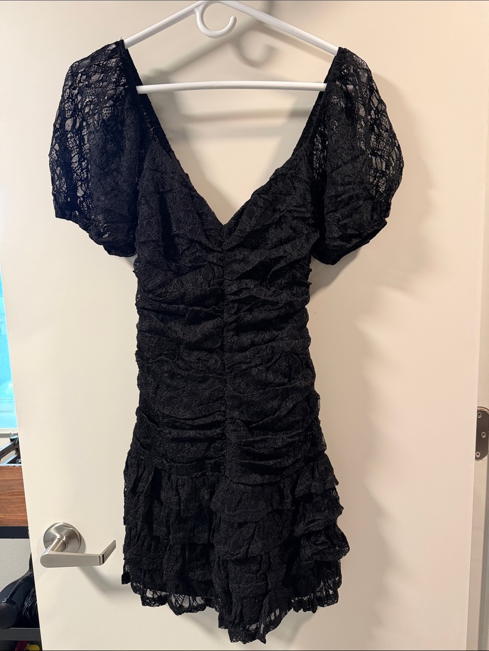 Lulu's Black Lace Puff-Sleeve Ruched Mini Dress